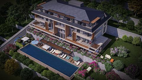 Lejlighed med swimmingpool og 2, 3, 4 soveværelser til salg i Alanya Hasbahce