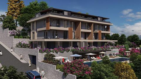Lejlighed med swimmingpool og 2, 3, 4 soveværelser til salg i Alanya Hasbahce