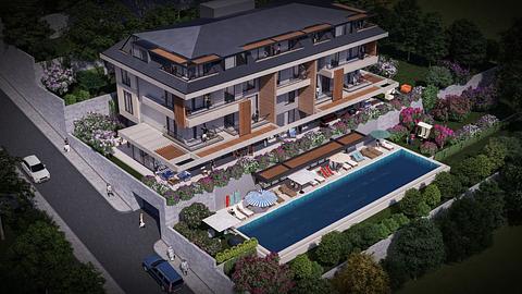 Lejlighed med swimmingpool og 2, 3, 4 soveværelser til salg i Alanya Hasbahce